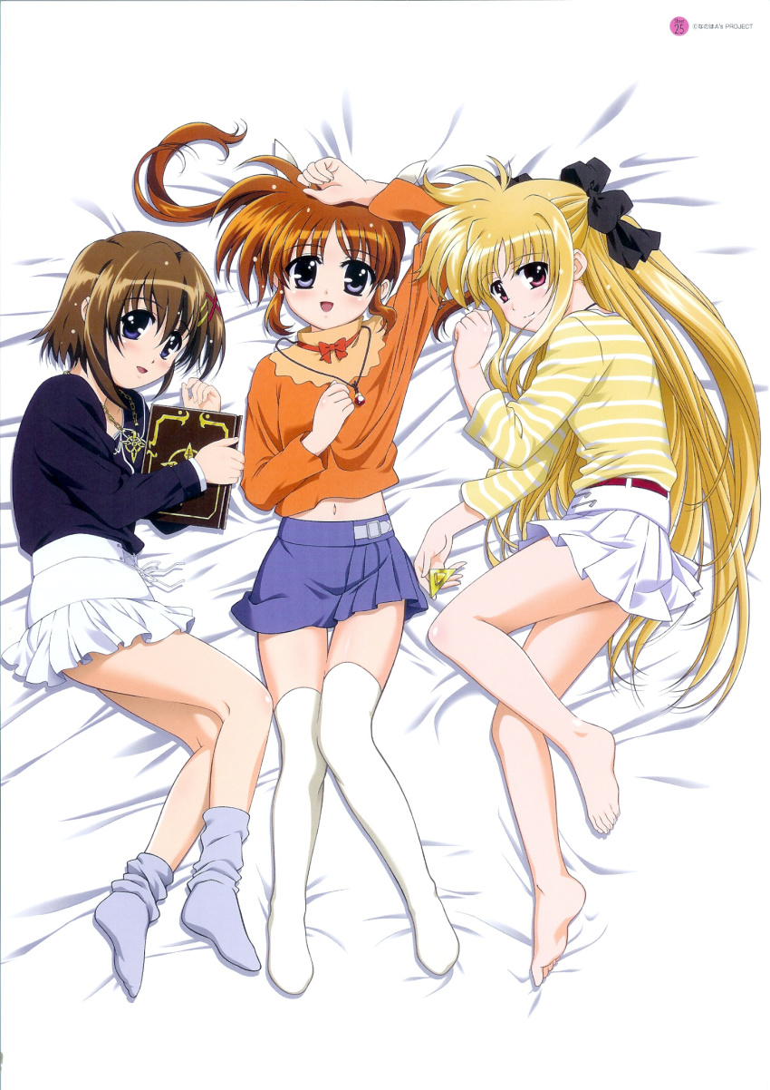 00s, 3girls, bardiche_(nanoha), bardiche_(standby_form)_(nanoha), barefoot, bed, blonde_hair, fate_testarossa, feet, highres, legs, lyrical_nanoha, mahou_shoujo_lyrical_nanoha, mahou_shoujo_lyrical_nanoha_a's, multiple_girls, official_art, okuda_yasuhiro, orange_shirt, raising_heart, raising_heart_(standby_mode), schwertkreuz, schwertkreuz_(standby_form), shirt, socks, takamachi_nanoha, thighhighs, toes, twintails, yagami_hayate