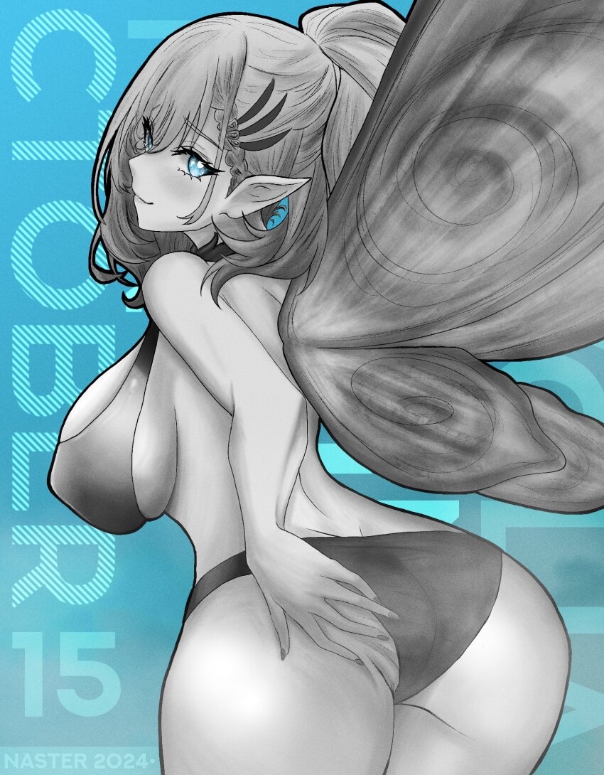 1girl, aqua_eyes, ass, breasts, fairy, fairy_wings, from_behind, grabbing_own_ass