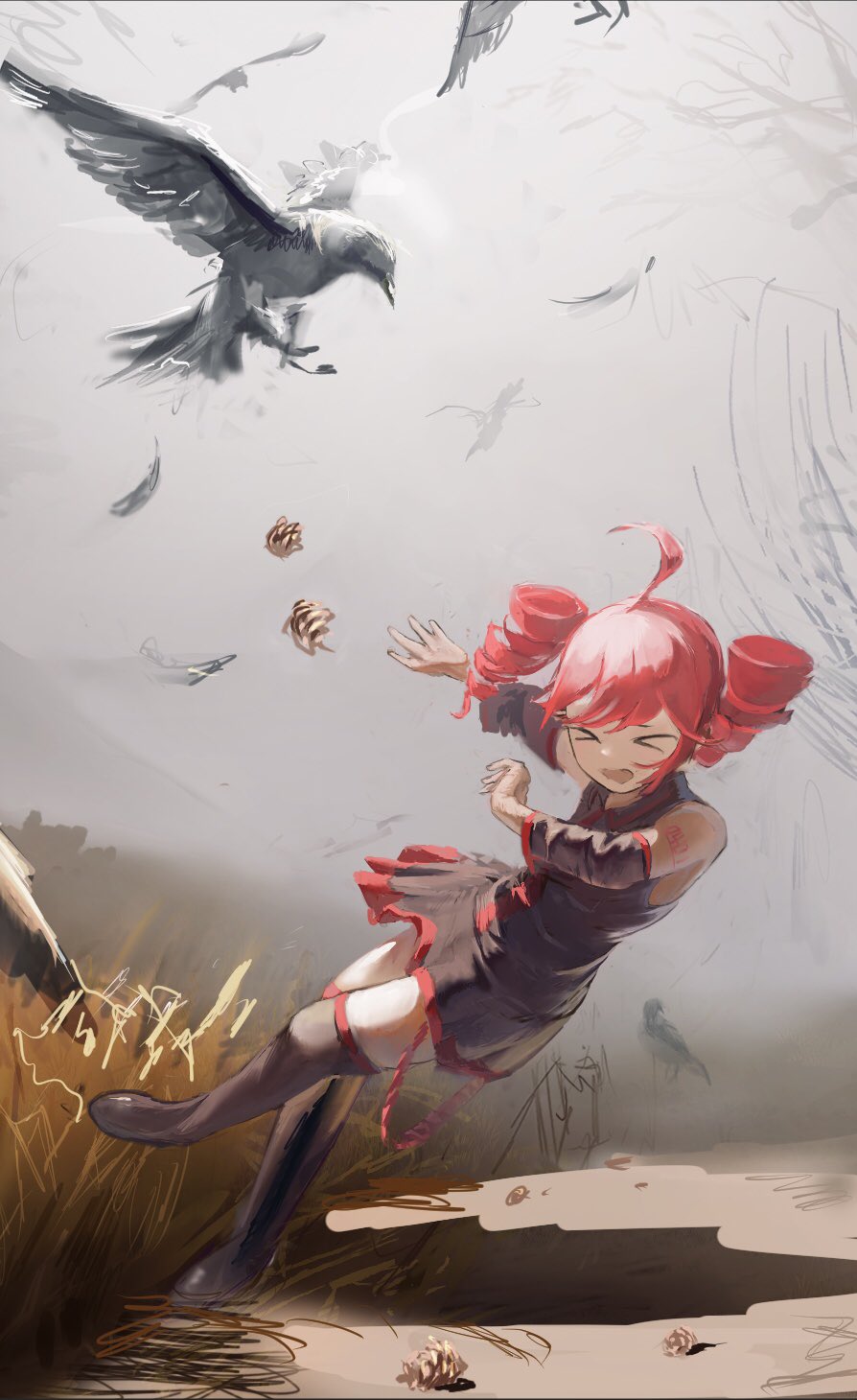 >_<, 1girl, ahoge, bird, black_boots, black_shirt, black_skirt, black_sleeves