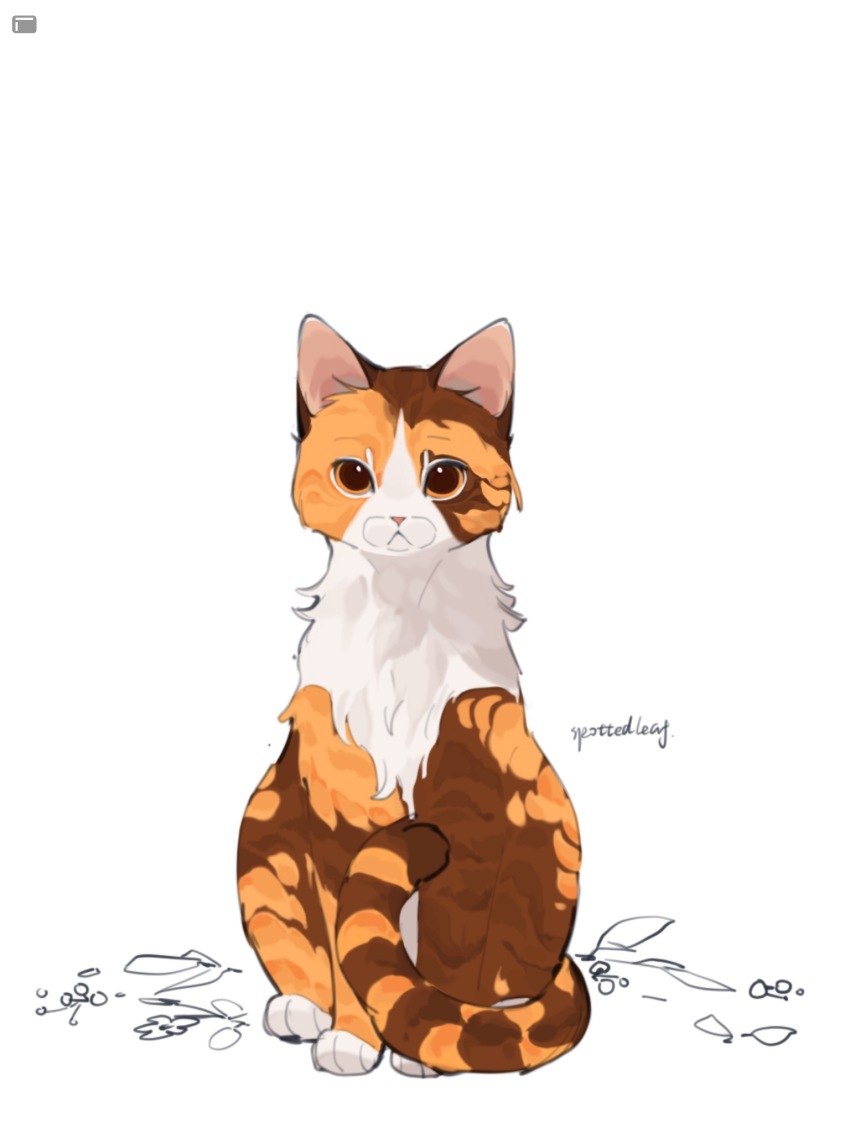 :<, animal, animal_focus, calico_(pattern), cat, character_name, chinese_commentary, commentary, full_body, gugugugu48918, highres, leaf, looking_at_viewer, no_humans, orange_eyes, sitting, solo, spottedleaf, tail, the_prophecies_begin, warrior_cats
