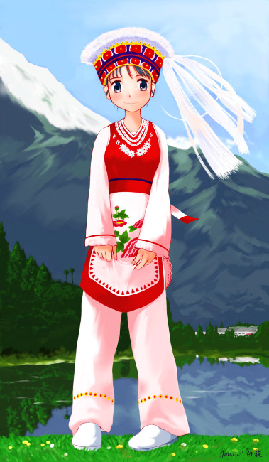 1girl, 2000s_(style), apron, bai_clothes, blue_eyes, blue_sky, building, chinese_clothes