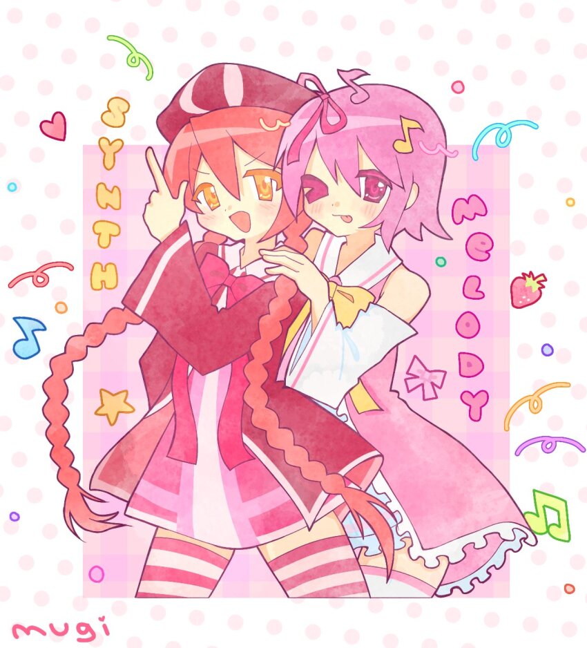 2000s_(style), 2girls, beret, blush, bow, bowtie, braid, character_name