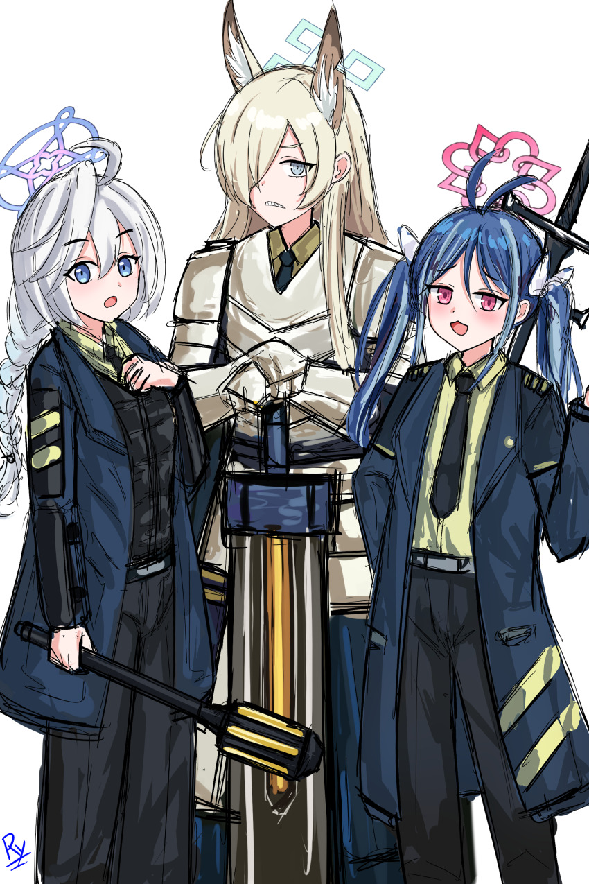 3girls, :d, absurdres, ahoge, animal_ear_fluff, animal_ears, armor, black_necktie
