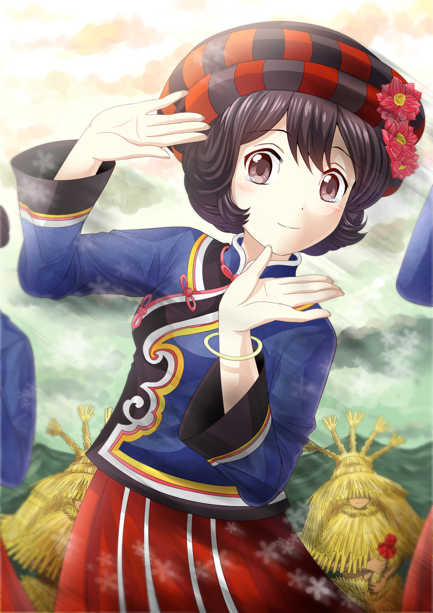 5girls, black_hair, bracelet, brown_eyes, china_comic, chinese_clothes, dancing, flower, hat, hat_flower, highres, jewelry, long_sleeves, mandarin_collar, multicolored_shirt, multiple_girls, original, pankou, red_flower, red_skirt, short_hair, skirt, smile, solo_focus, tujia_clothes