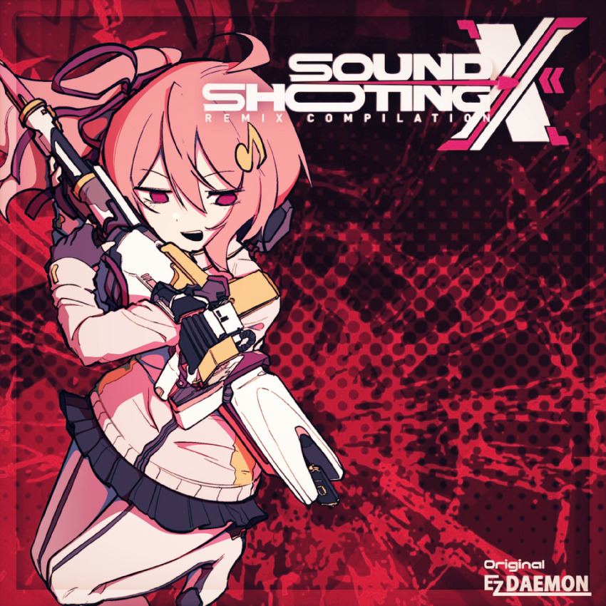 1girl, abstract, ahoge, boots, copyright_name, ezdaemon, fortissimo, gun, hair_between_eyes, hair_ornament, highres, holding, holding_gun, holding_weapon, jacket, long_hair, looking_down, melody_(sound_shooting!!), miniskirt, musical_note, musical_note_hair_ornament, pink_hair, red_eyes, side_ponytail, skirt, solo, sound_shooting!!, tara3763, thigh_boots, weapon, zipper