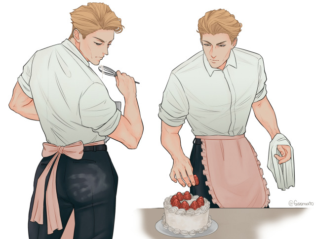1boy, apron, black_pants, cake, food, fruit, g00miato, handprint