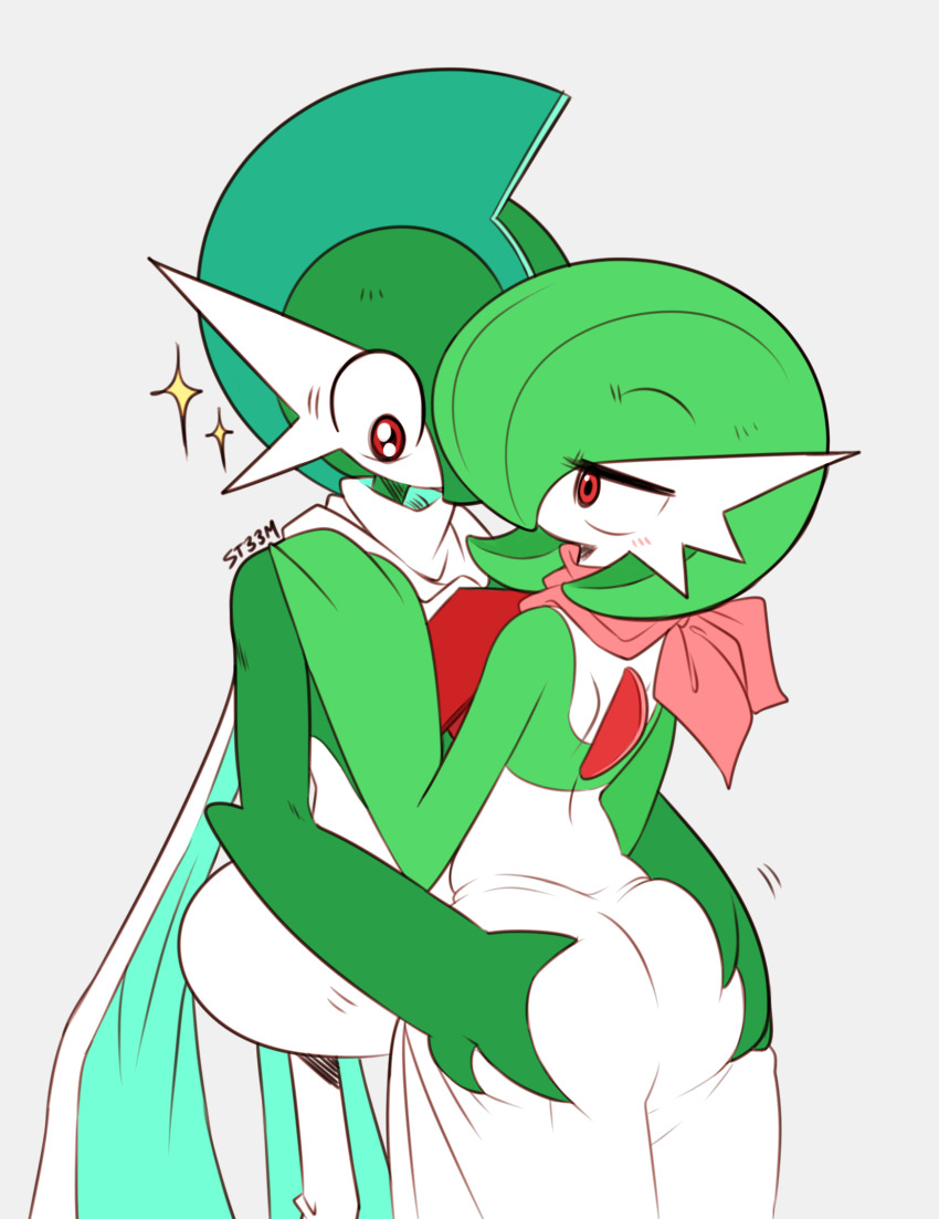 ass, bob_cut, cape, colored_skin, commentary, dress, english_commentary, gallade