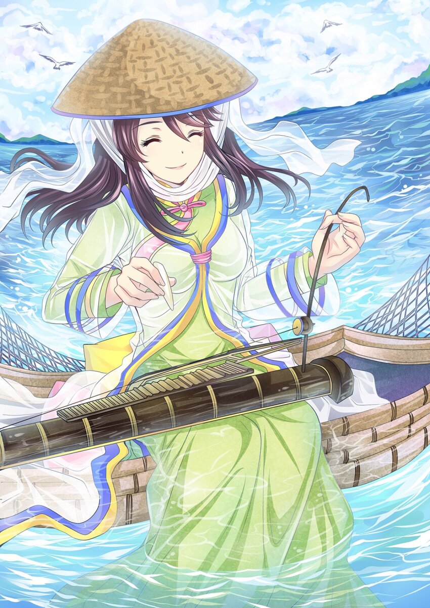 1girl, bamboo_craft, bird, china_comic, chinese_clothes, dress, fisheye, fishing_rod, green_dress, happy, hat, highres, jing_clothes, long_sleeves, ocean, original, partially_submerged, sky, smile, solo, water, zither