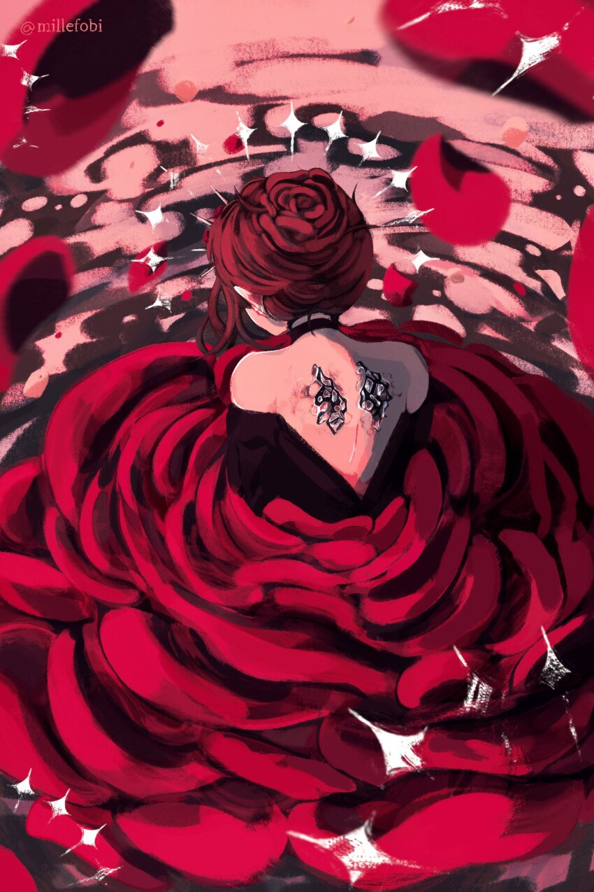 1girl, abstract_background, absurdres, artist_name, back, back_focus, backless_dress, backless_outfit