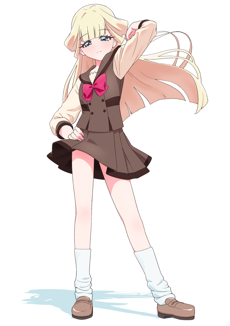 1girl, blonde_hair, blue_eyes, blunt_bangs, blunt_ends, bow, bowtie, brown_shoes