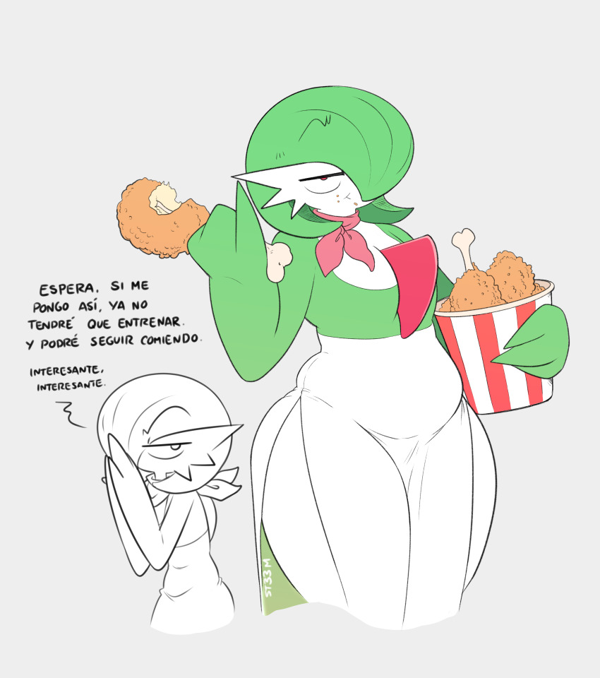 absurdres, bob_cut, bucket_of_chicken, chicken_(food), chicken_leg, dress, eating, food, food_on_face, gardevoir, gen_3_pokemon, green_hair, grey_background, hair_over_one_eye, highres, nintendo, pink_eyes, pink_scarf, plump, pokemon, pokemon_(creature), scarf, signature, simple_background, superiordutchsauce, thick_thighs, thighs, translation_request, weight_gain, white_dress