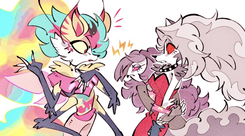 2girls, beelzebub_(helluva_boss), black_hair, colored_sclera, crop_top, demon_girl, dog_girl, furry