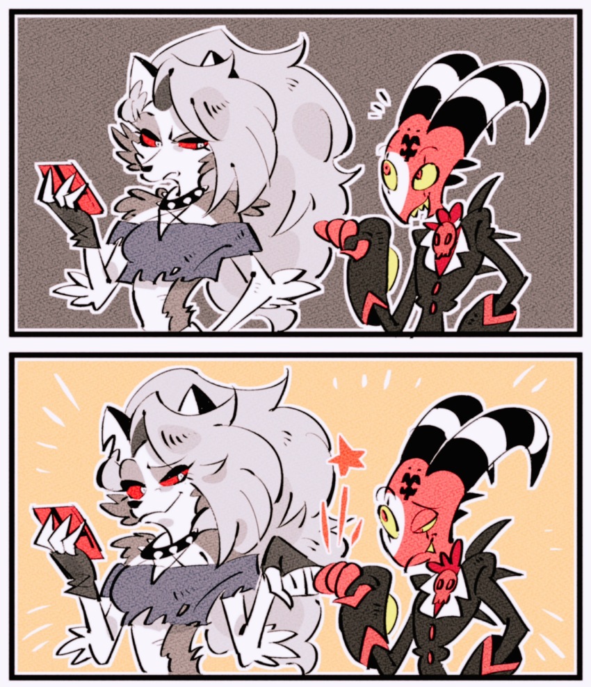 1boy, 1girl, animal_ears, blitzo_(helluva_boss), demon_boy, demon_girl, demon_horns, dog_ears