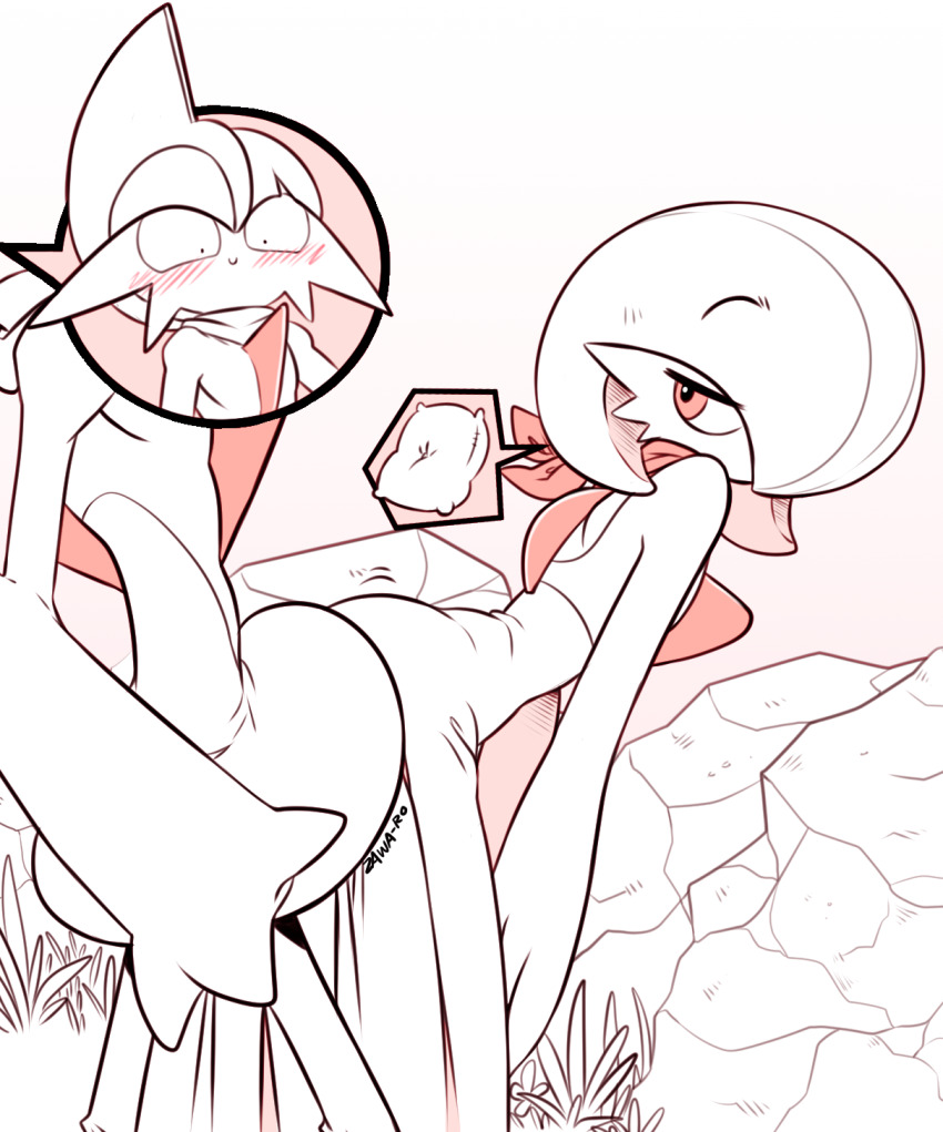 1boy, 1girl, blush, bob_cut, gallade, gardevoir, gen_3_pokemon, gen_4_pokemon