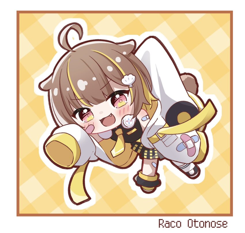 1girl, :3, :d, ahoge, animal_ears, asymmetrical_footwear, bandaid, bandaid_on_arm