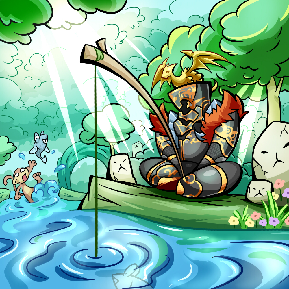 armor, dragon, dragoon_(sekaiju), egar_(sekaiju), etrian_odyssey, fish, fishing_rod, flower, forest, lake, log, monkey, monkey_tail, nature, non-web_source, sekaiju_no_meikyuu, sekaiju_no_meikyuu_5, splashing, sunlight, tail, tree
