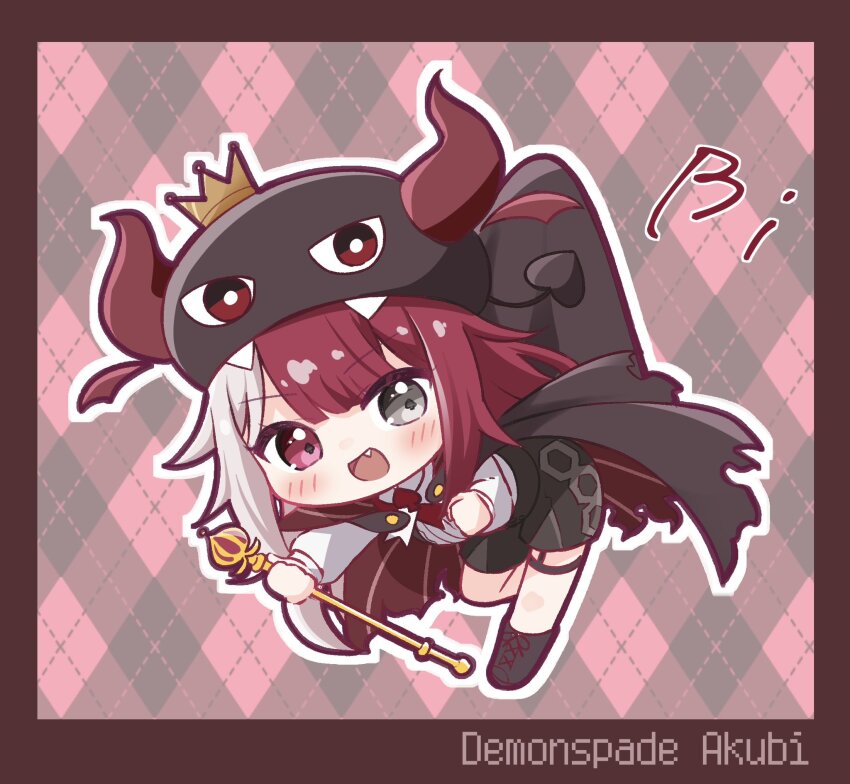 1girl, :d, akubi_demonspade, argyle_background, black_cape, black_hat, black_shoes, black_shorts