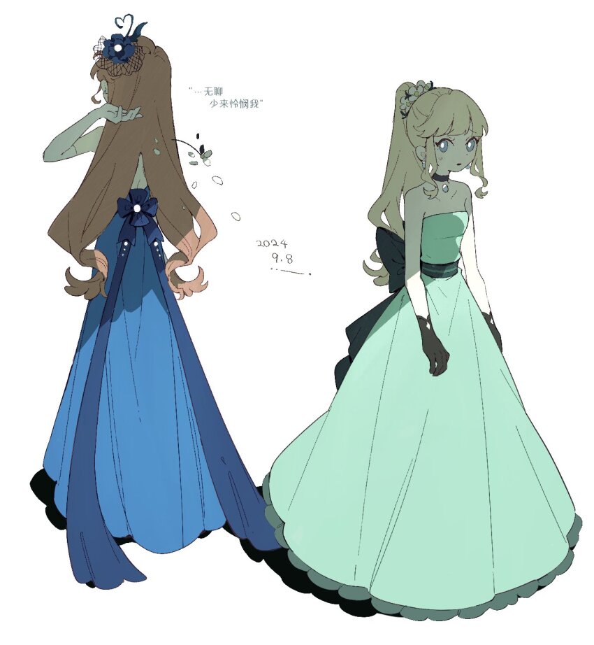 2girls, aqua_dress, back_bow, bare_shoulders, black_gloves, blonde_hair, blue_dress, blue_flower