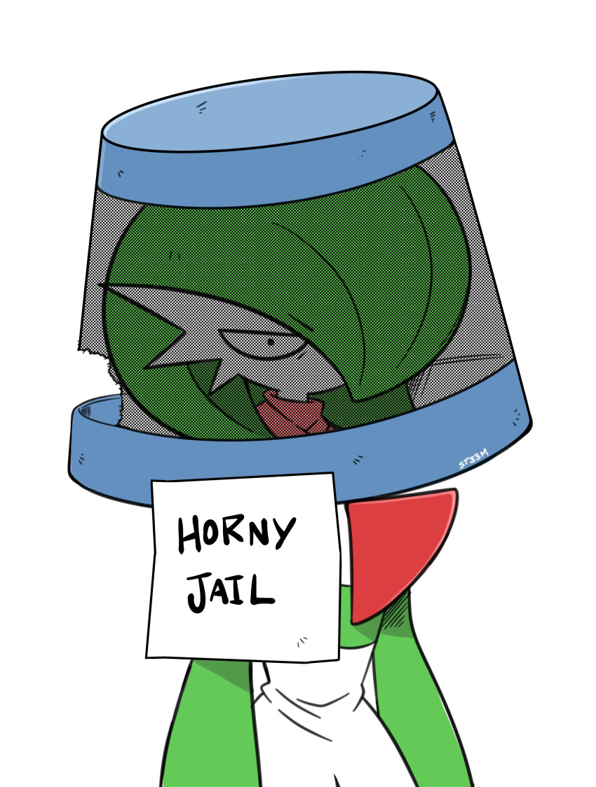 absurdres, bob_cut, bucket, bucket_on_head, colored_skin, english_text, gardevoir, gen_3_pokemon