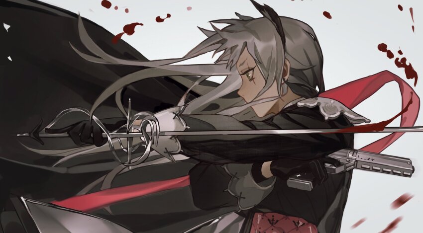 1girl, arknights, asymmetrical_dual_wielding, black_cape, black_gloves, black_jacket, blood, bloody_weapon