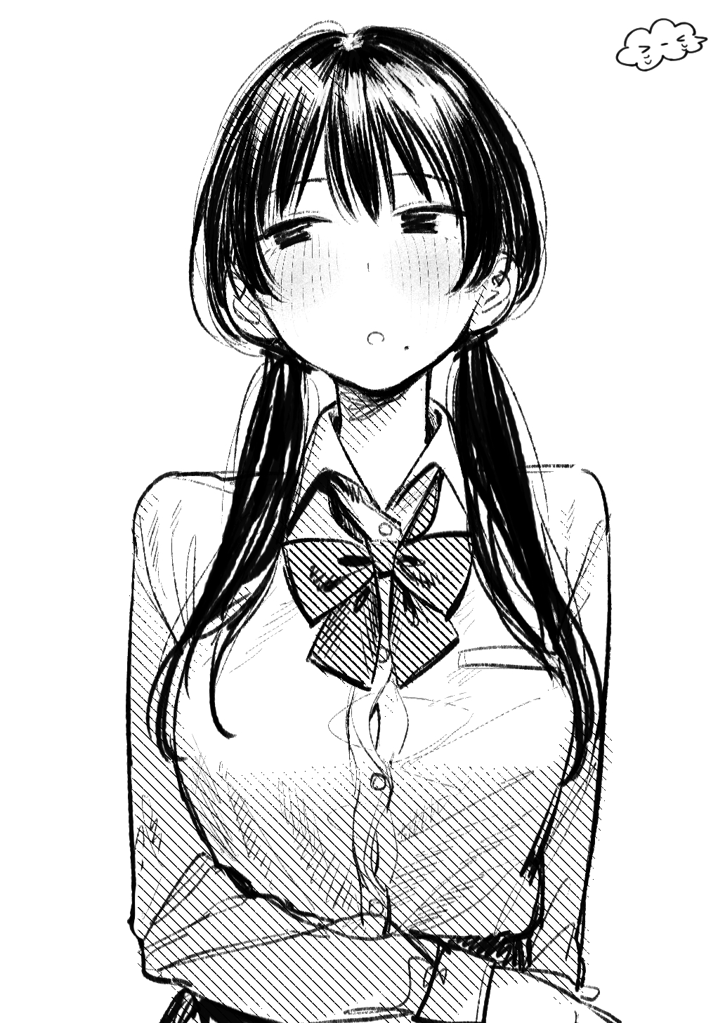 1girl, blush, bow, bowtie, collared_shirt, greyscale, highres, kunikida_tomoe_(momokumo), long_hair, looking_to_the_side, loose_bowtie, low_twintails, mole, mole_under_mouth, momokumo, monochrome, original, shirt, simple_background, sketch, solo, twintails, upper_body