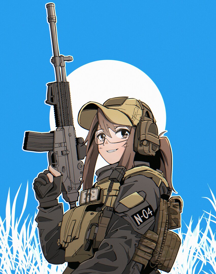 1girl, absurdres, baseball_cap, black_gloves, blush, brown_eyes, brown_hair, brown_hat