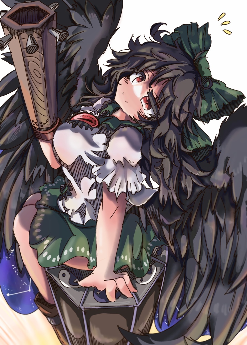 1girl, arm_cannon, bird_wings, black_hair, black_wings, blush, boots, bow, breasts, brown_boots, control_rod_(touhou), eye20806972, frilled_skirt, frills, green_bow, green_skirt, hair_bow, highres, large_breasts, long_hair, looking_up, puffy_short_sleeves, puffy_sleeves, red_eyes, reiuji_utsuho, ribbon, shirt, short_sleeves, sitting, skirt, smile, solo, third_eye, chest_eye, touhou, weapon, white_shirt, wings, yin_yang