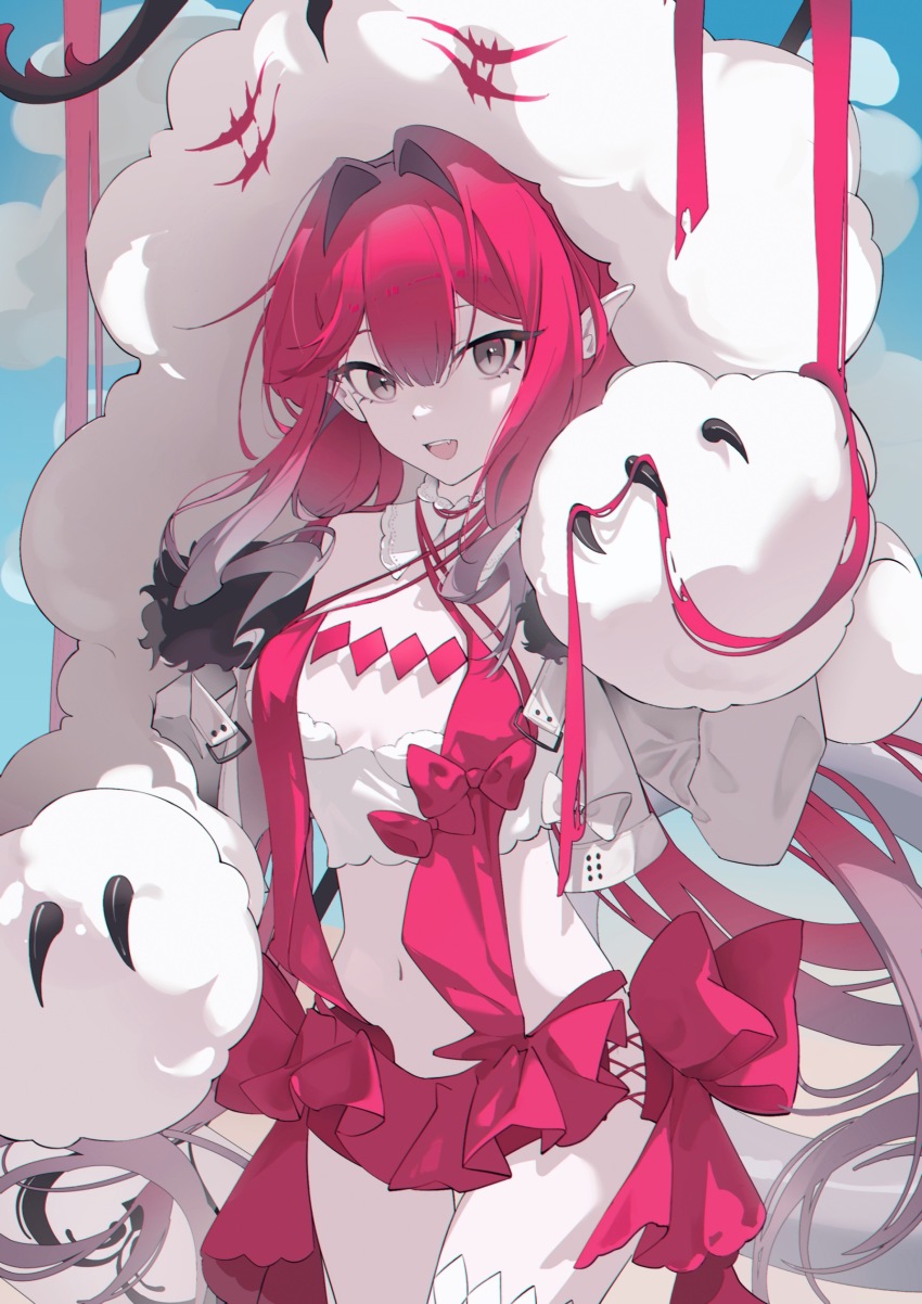 1girl, absurdres, baobhan_sith_(fate), baobhan_sith_(swimsuit_pretender)_(first_ascension)_(fate), bare_shoulders, breasts, camisole, cernunnos_(fate), character_hood, detached_collar, fate/grand_order, fate_(series), frills, fur-trimmed_jacket, fur_trim, grey_eyes, hand_up, headwear_with_attached_mittens, highres, huazihuazihz, jacket, long_hair, looking_at_viewer, microskirt, navel, open_mouth, pimp, pointy_ears, red_skirt, sidelocks, skirt, smile, solo, white_camisole, white_jacket