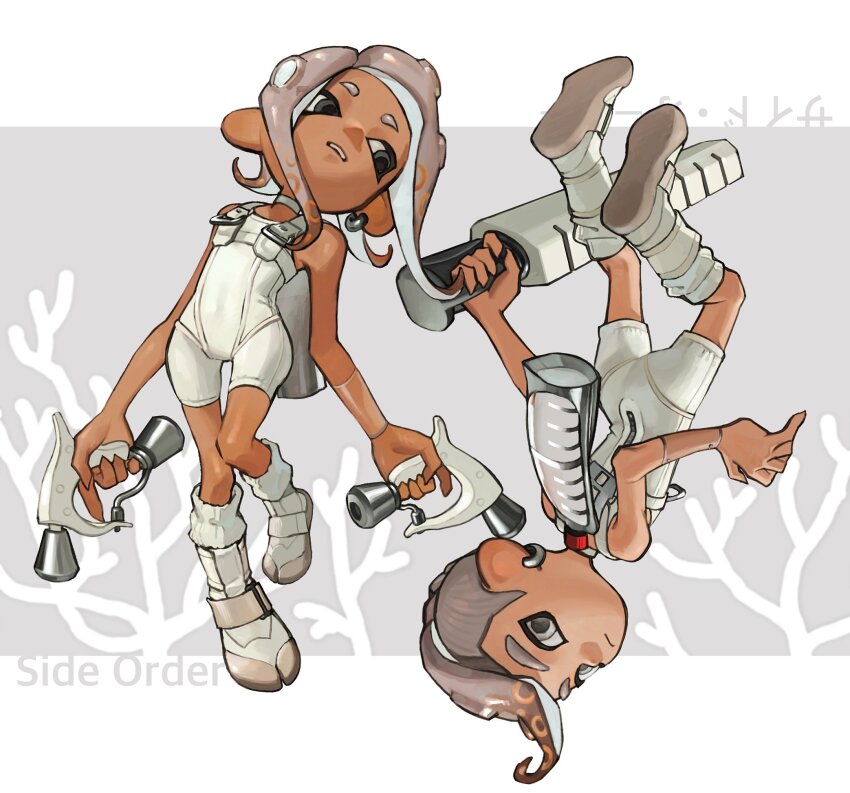 1boy, 1girl, agent_8_(splatoon), bodysuit, copyright_name, coral, covered_navel, earrings