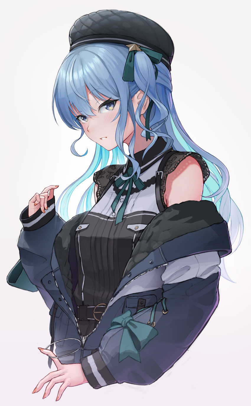 1girl, absurdres, badman6050, beret, black_dress, black_hat, blue_eyes, blue_hair