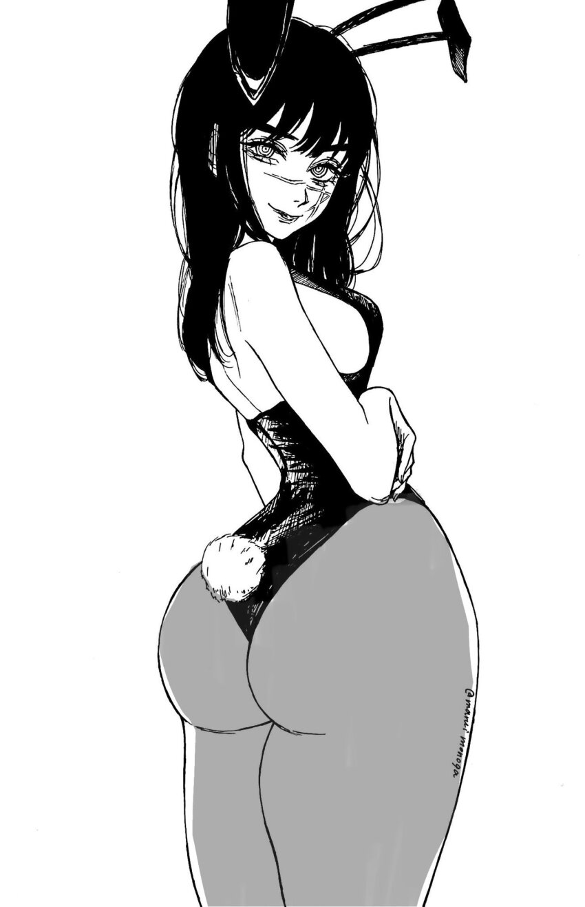 1girl, animal_ears, ass, ass_focus, bare_shoulders, chainsaw_man, highres, maruimonoga, pantyhose, playboy_bunny, rabbit_ears, solo, white_background, yoru_(chainsaw_man)