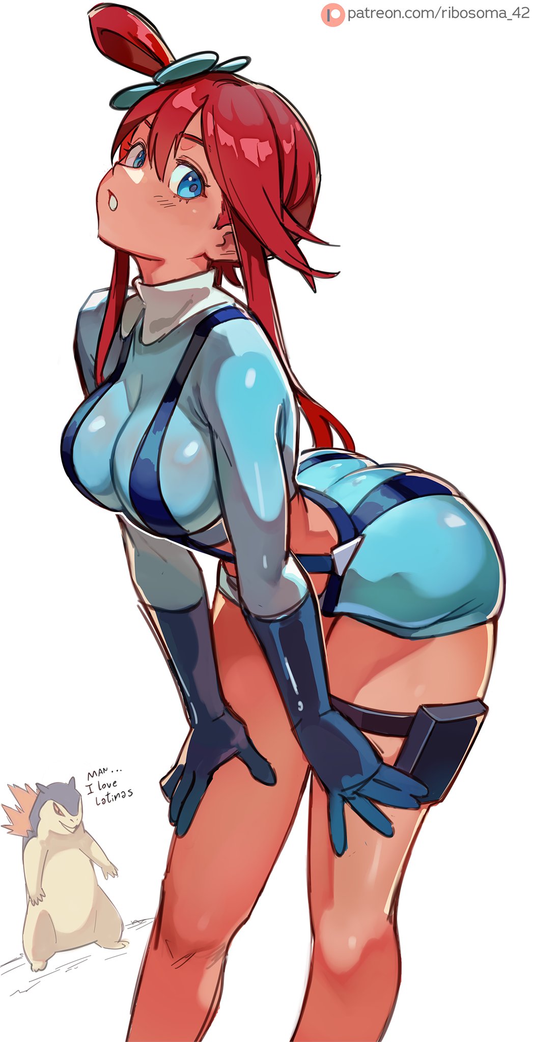 1boy, 1girl, 2024_pokemon_teraleak, artist_name, ass, bent_over, blue_eyes, blue_footwear