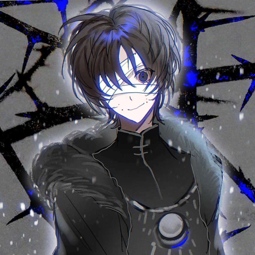 1boy, bandage_over_one_eye, black_eyes, black_hair, black_jacket, black_shirt, chinese_commentary, chromatic_aberration