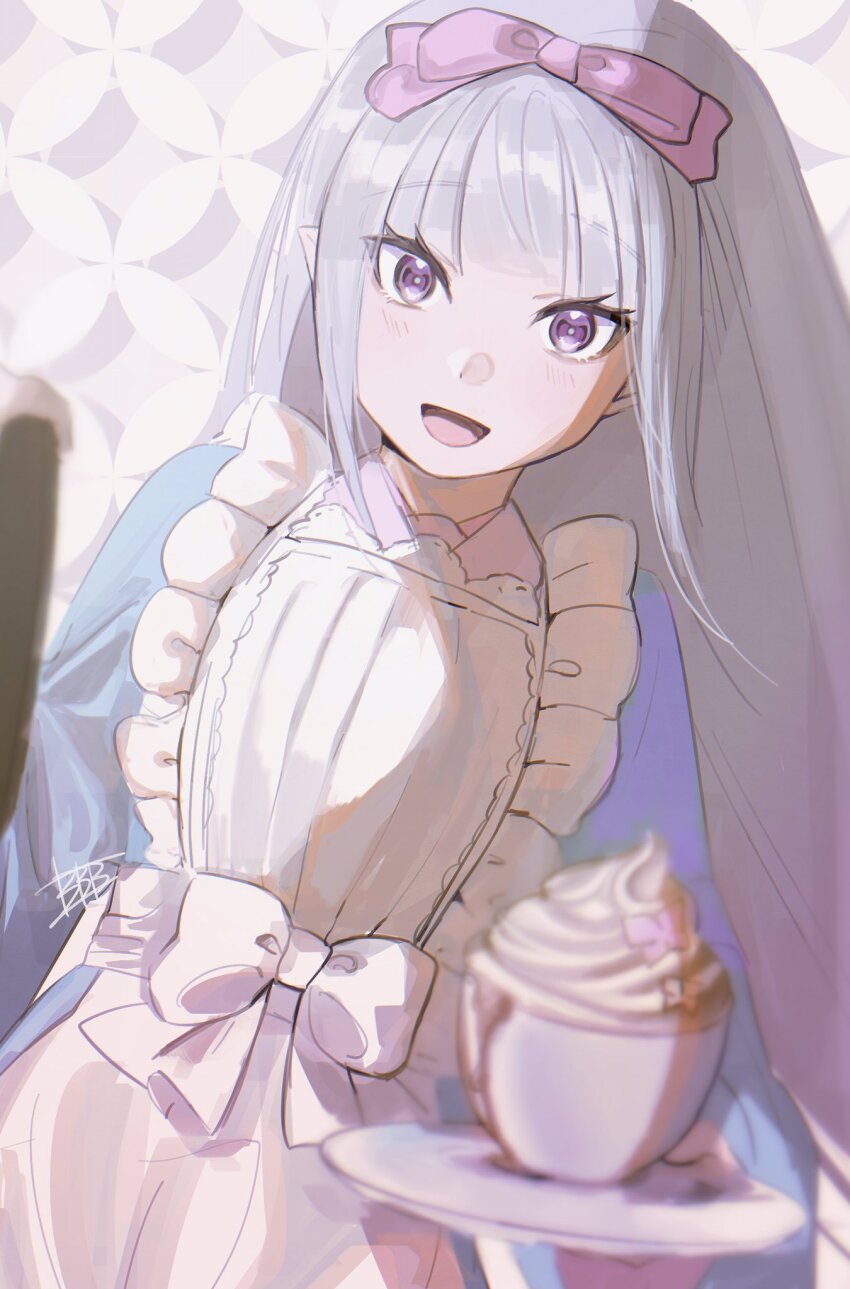 1girl, alternate_costume, apron, b_c_b_c_b_c, blush, bow, cup, emilia_(re:zero)