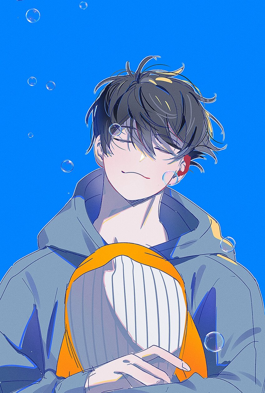 1boy, black_hair, blue_background, blue_hoodie, bubble, closed_eyes, closed_mouth, commentary