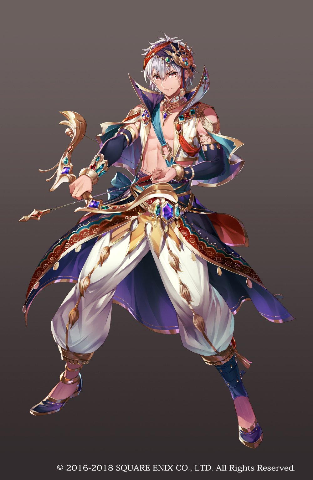 ali_baba_(grimms_notes), ali_baba_(shinsei)_(grimms_notes), arabian_clothes, arrow_(projectile), bandana, bow_(weapon), brown_hair, copyright_notice, detached_sleeves, gradient_background, grey_background, grey_hair, grimms_notes, highres, holding, holding_arrow, holding_bow_(weapon), holding_weapon, nemusuke, panties, puffy_pants, short_hair, smile, tan, underwear, weapon, white_panties