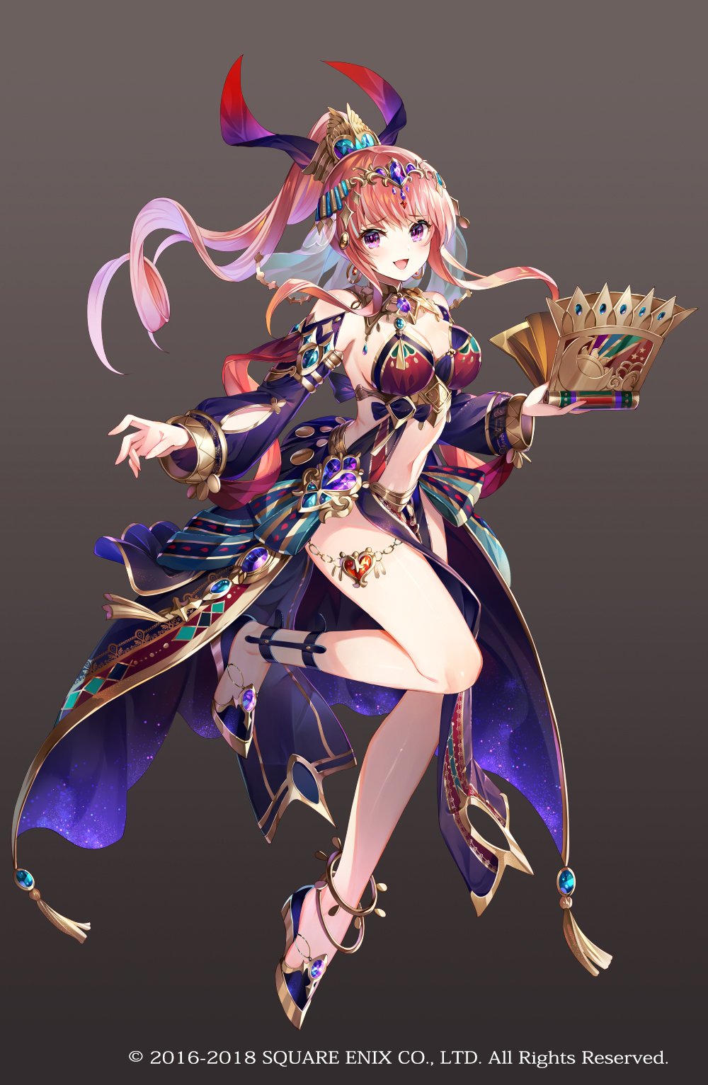 1girl, arabian_clothes, book, breasts, copyright_notice, detached_sleeves, gradient_background, grimms_notes, hair_ornament, harem_outfit, highres, holding, holding_book, holding_weapon, jewelry, large_breasts, midriff, navel, nemusuke, official_art, open_mouth, pink_hair, purple_eyes, shadow_morgiana_(grimms_notes), smile, veil, weapon