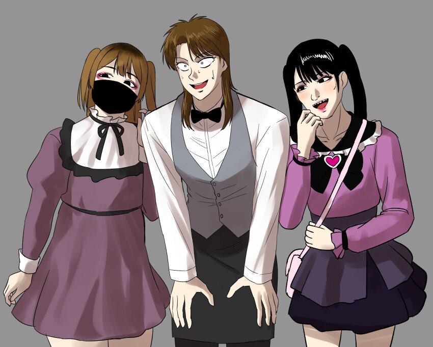 1boy, 2girls, bag, black_bow, black_bowtie, black_eyes, black_skirt, bow