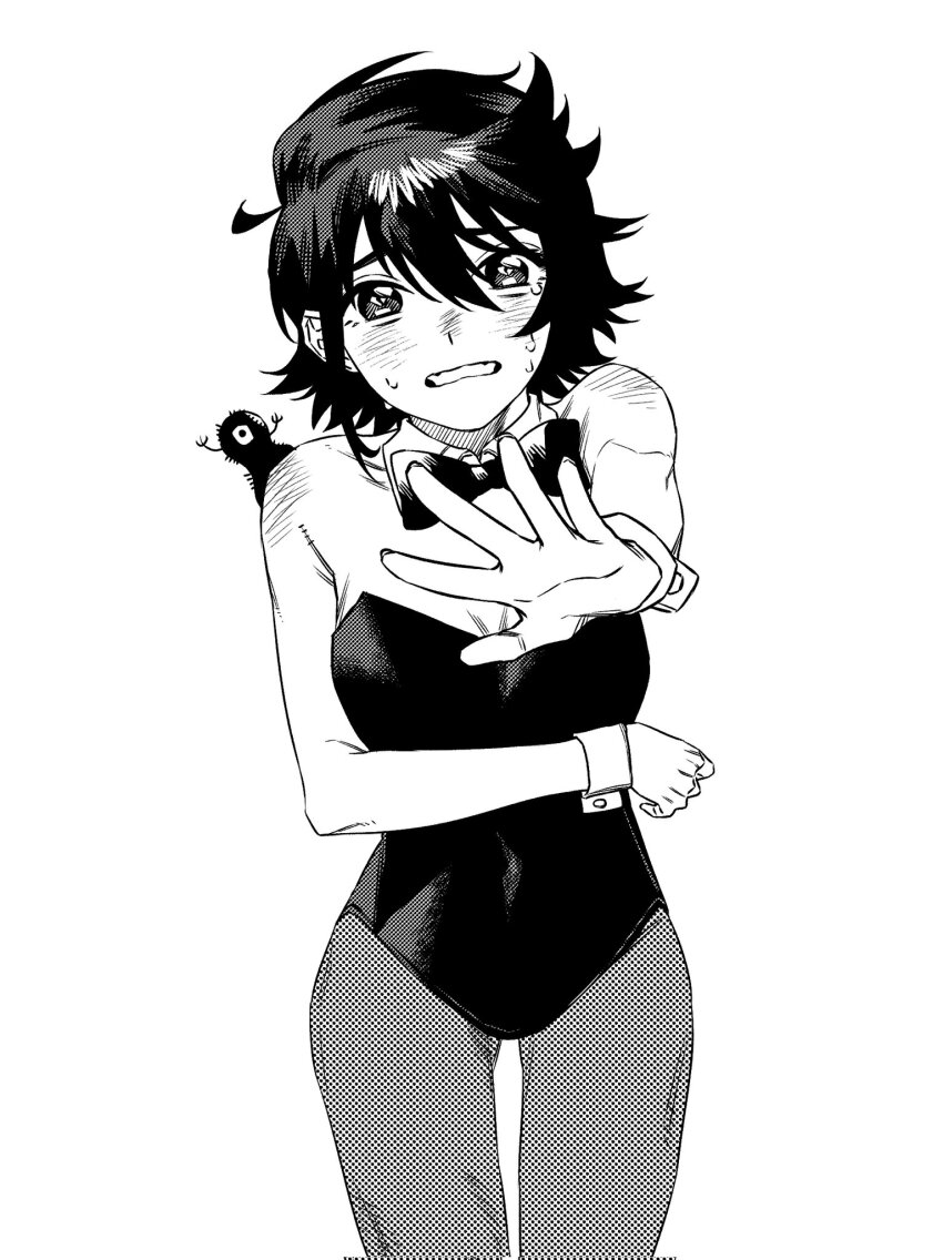 1girl, arm_around_another's_waist, bare_shoulders, black_hair, black_leotard, blush, bow, bowtie