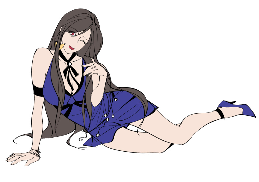 1girl, bare_shoulders, black_hair, breasts, cleavage, commentary, crescent, crescent_earrings