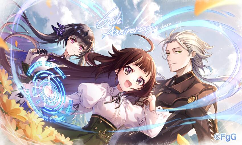 1boy, 2girls, :d, aged_down, ahoge, ambrosia_(ta_ga_tame_no_alchemist), anniversary, aqua_hair