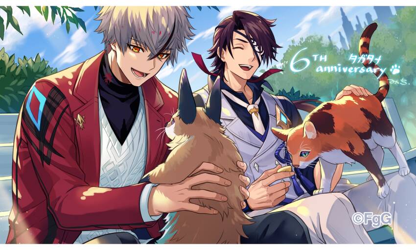 2boys, :d, ^_^, animal, anniversary, artist_name, blue_shirt, blue_sky