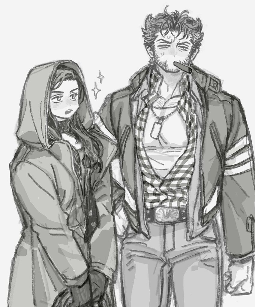 1boy, 1girl, belt, chest_hair, cigar, coat, collared_jacket, collared_shirt