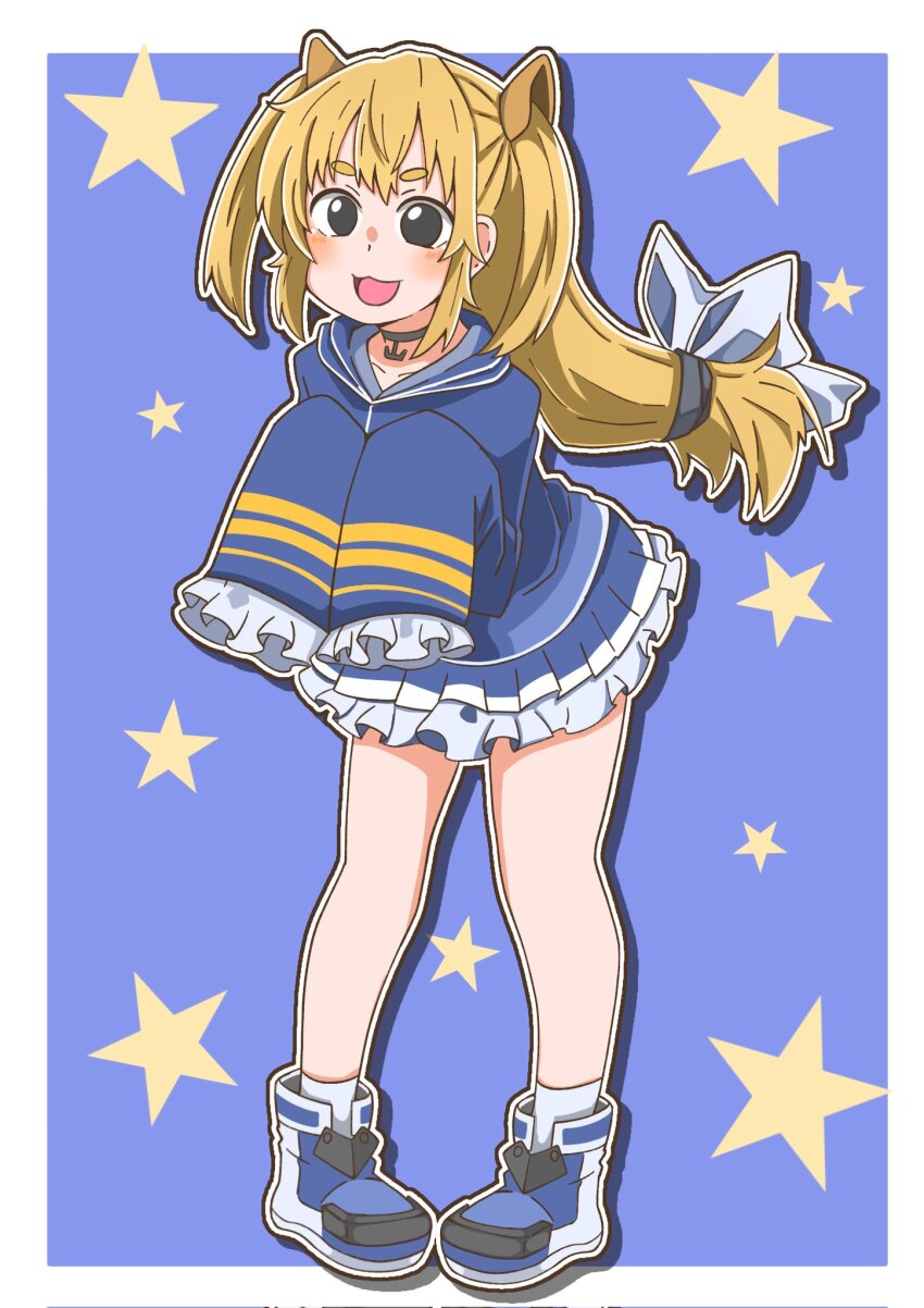 1girl, animal_ears, black_eyes, blonde_hair, blue_background, blush, choker, dog_ears