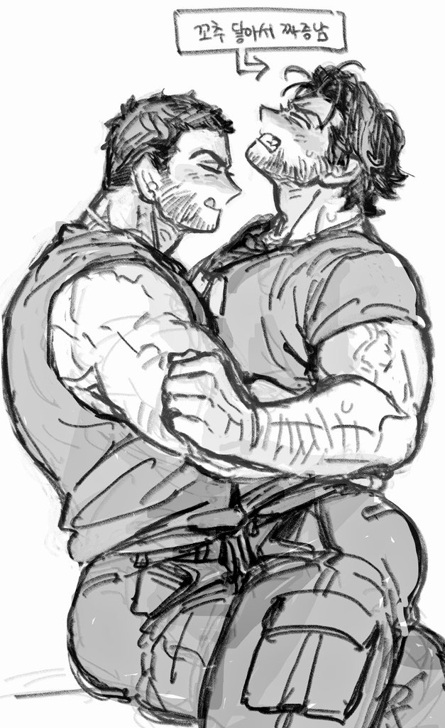 2boys, :q, arm_hair, ass, bara, blank_eyes, brothers, clenched_teeth