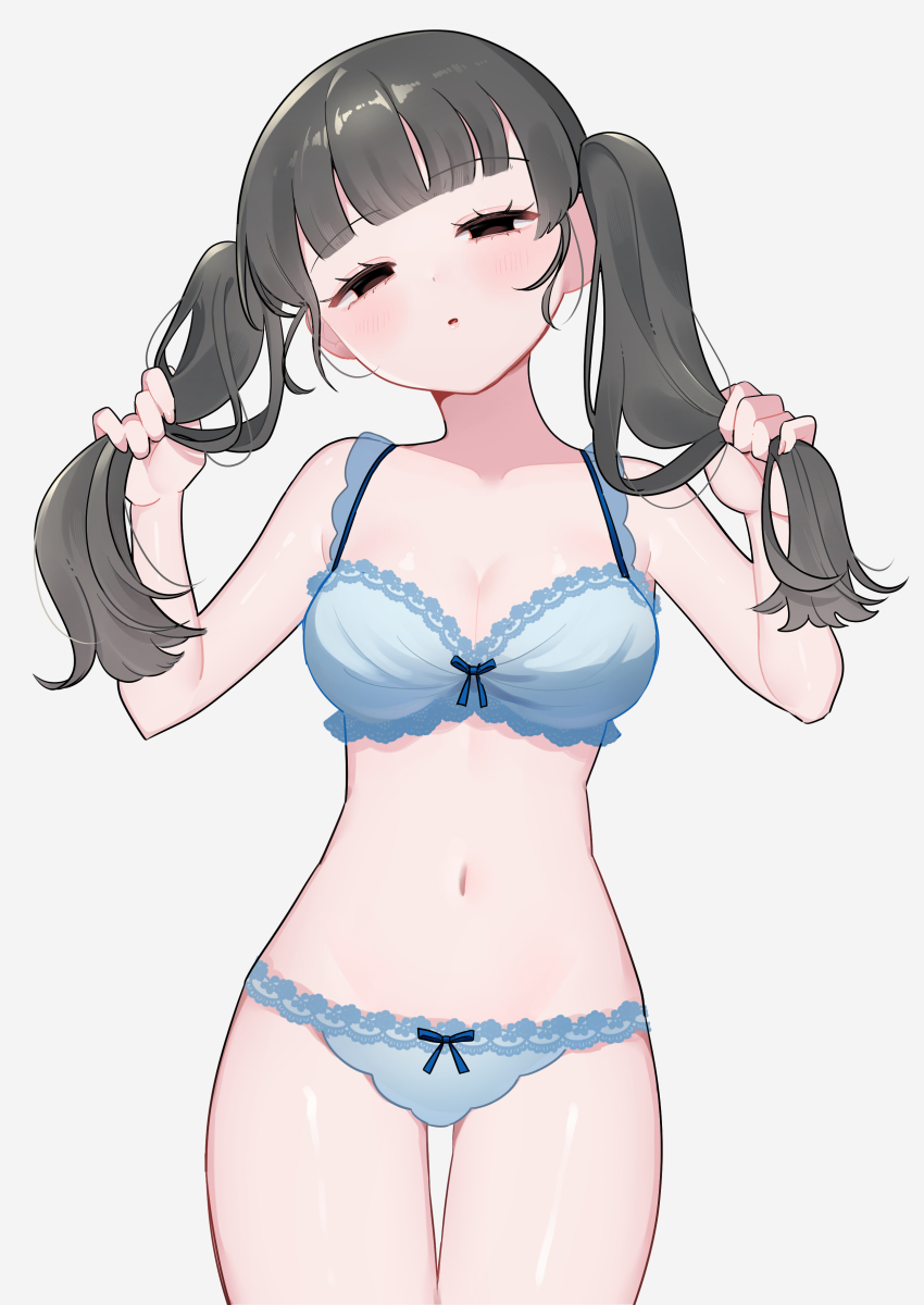 1girl, absurdres, black_hair, blue_bra, blue_panties, blunt_bangs, blush, bra, breasts, cleavage, collarbone, half-closed_eyes, head_tilt, highres, holding, holding_own_hair, lace, lace-trimmed_bra, lace-trimmed_panties, lace_trim, long_hair, looking_at_viewer, medium_breasts, mui_(tqxg4), navel, original, panties, ribbon-trimmed_bra, ribbon-trimmed_panties, ribbon_trim, solo, stomach, twintails, underwear, underwear_only