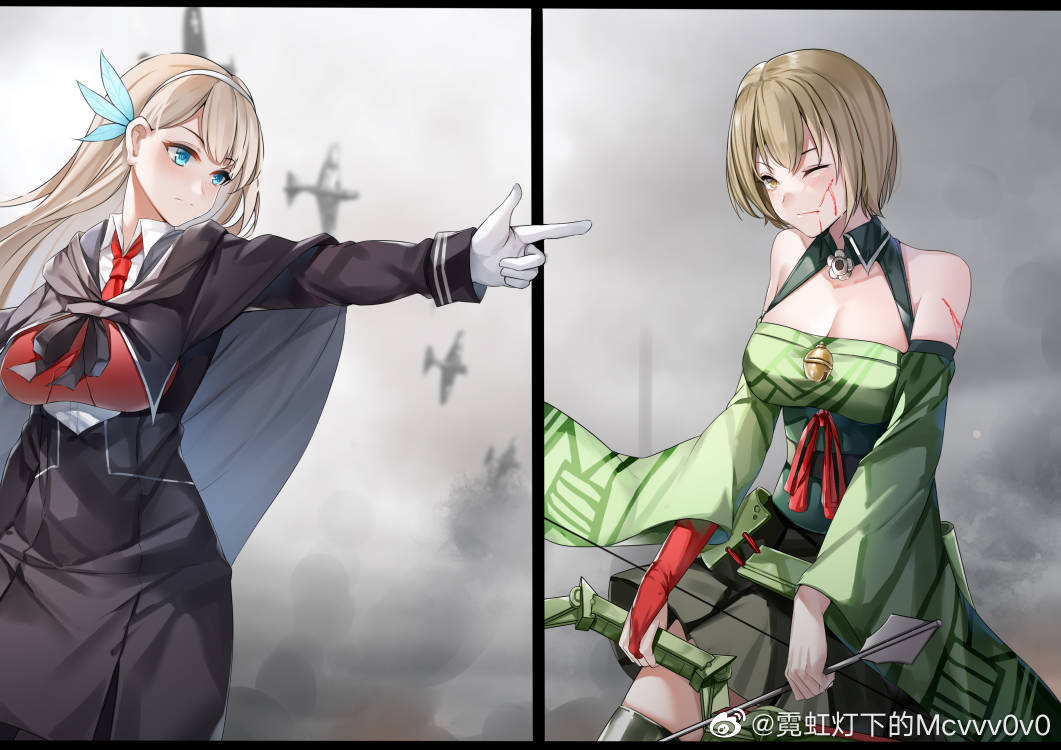 2girls, bare_shoulders, blonde_hair, blood, blue_eyes, bow_(weapon), breasts, cape