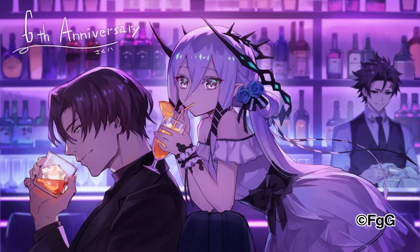 1girl, 2boys, anniversary, artist_name, bar_(place), bartender, black_hair, black_necktie, black_vest, blue_flower, closed_mouth, collared_shirt, cup, dress, drinking_glass, drinking_straw, eins_(ta_ga_tame_no_alchemist), facial_mark, flower, forehead, from_side, grey_eyes, hair_between_eyes, hair_flower, hair_ornament, highres, holding, holding_cup, indoors, long_hair, long_sleeves, mouth_hold, multiple_boys, necktie, nero_(ta_ga_tame_no_alchemist), official_art, pointy_ears, profile, sakuhachi, second-party_source, shirt, short_hair, sitting, sol_(ta_ga_tame_no_alchemist), ta_ga_tame_no_alchemist, vest, white_dress, white_hair, white_shirt