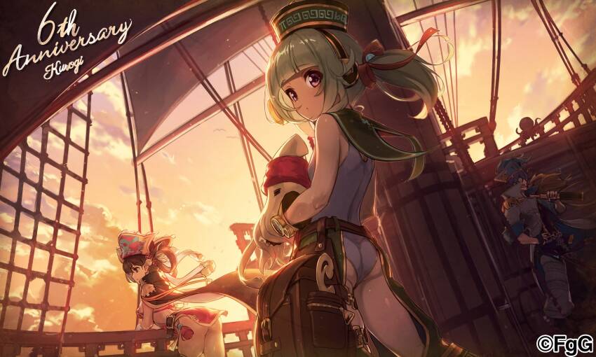 1boy, 2girls, animal, anniversary, artist_name, ass, cloud, coat, eyepatch, green_hair, hand_on_own_hip, hat, highres, holding, holding_animal, kurogi, liu_shen_(ta_ga_tame_no_alchemist), looking_at_viewer, mole, mole_under_eye, multiple_girls, octopus, official_art, one-piece_swimsuit, pirate_hat, purple_eyes, second-party_source, shenmei_(ta_ga_tame_no_alchemist), ship, squid, su_yi_(ta_ga_tame_no_alchemist), sunset, swimsuit, ta_ga_tame_no_alchemist, watercraft, white_coat, white_one-piece_swimsuit