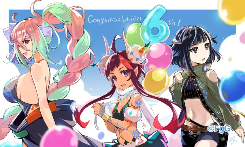 3girls, anniversary, arm_tattoo, balloon, belt, black_hair, blue_sky, blunt_bangs